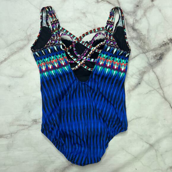 Swim Solutions Striped One Piece Swimsuit Strappy Back Size 12 Blue Slimming New - Picture 4 of 6